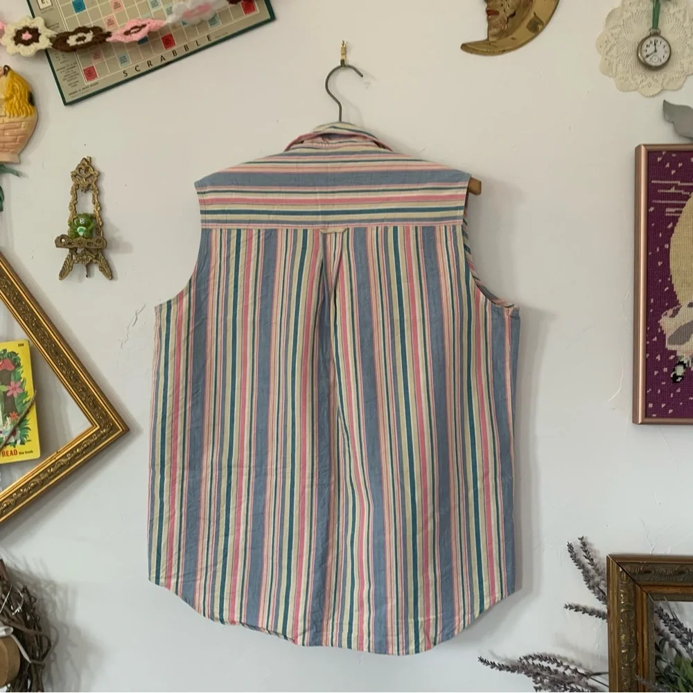 Vintage Sleeveless Unisex Vest Candy Pastel Pint Stripe Sleeveless Button Up XL - Picture 3 of 3
